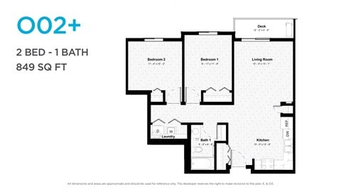 Floor plan for 2 beds, 1 bath, 898 sqft